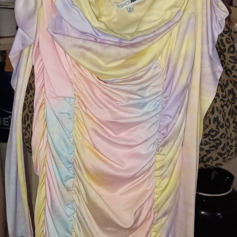 Fashion Nova Pastel Yellow & Pink Ruched Dress Top